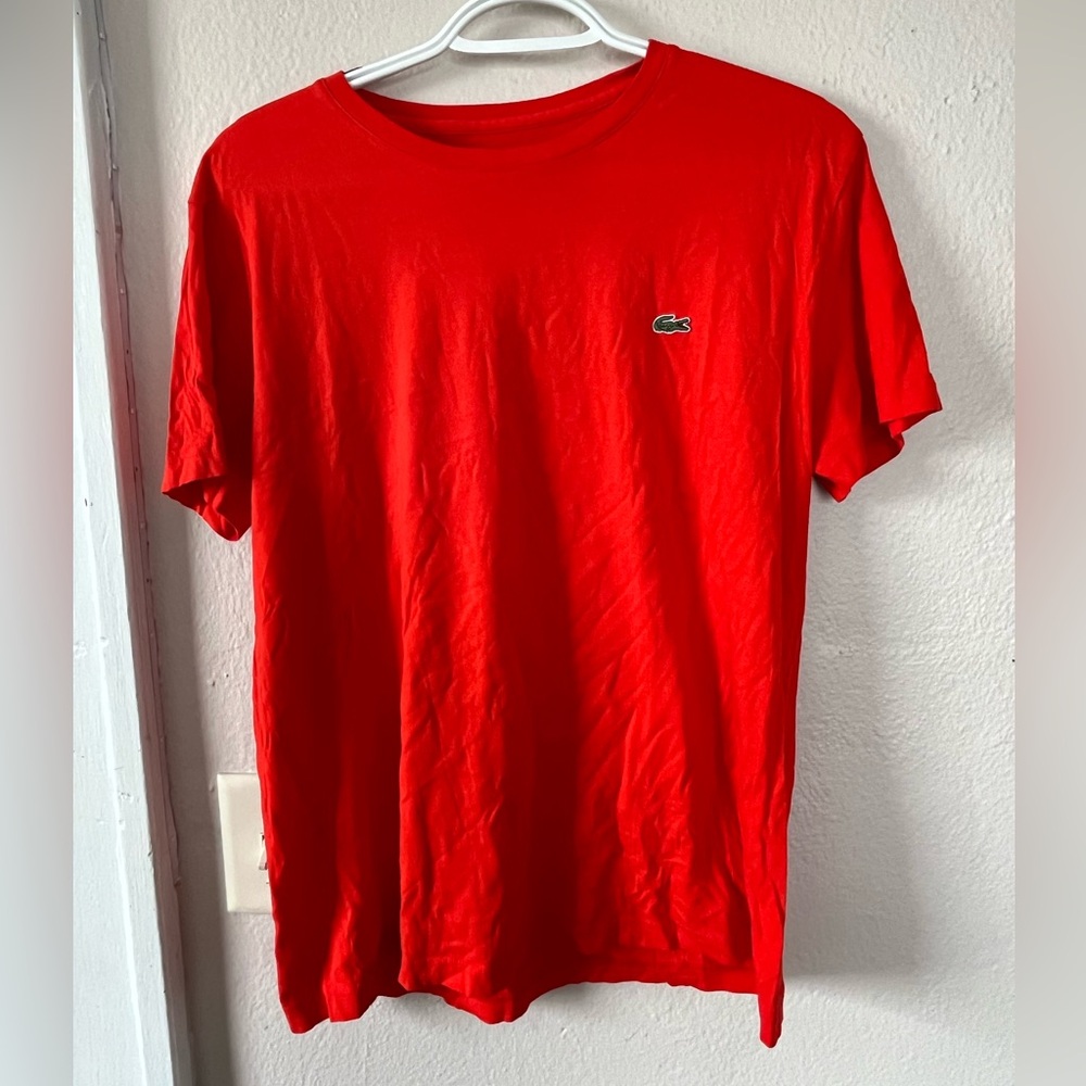 Lacoste Men's Bright Red Crew Neck Tee with Signature Croc